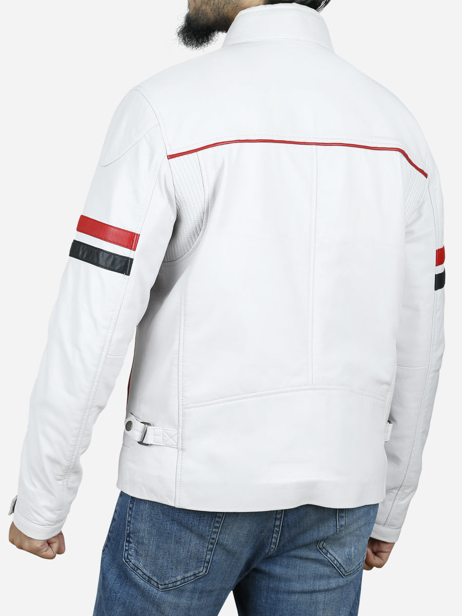 Weston Men's White Cafe Racer Jacket with Red and Black Stripes