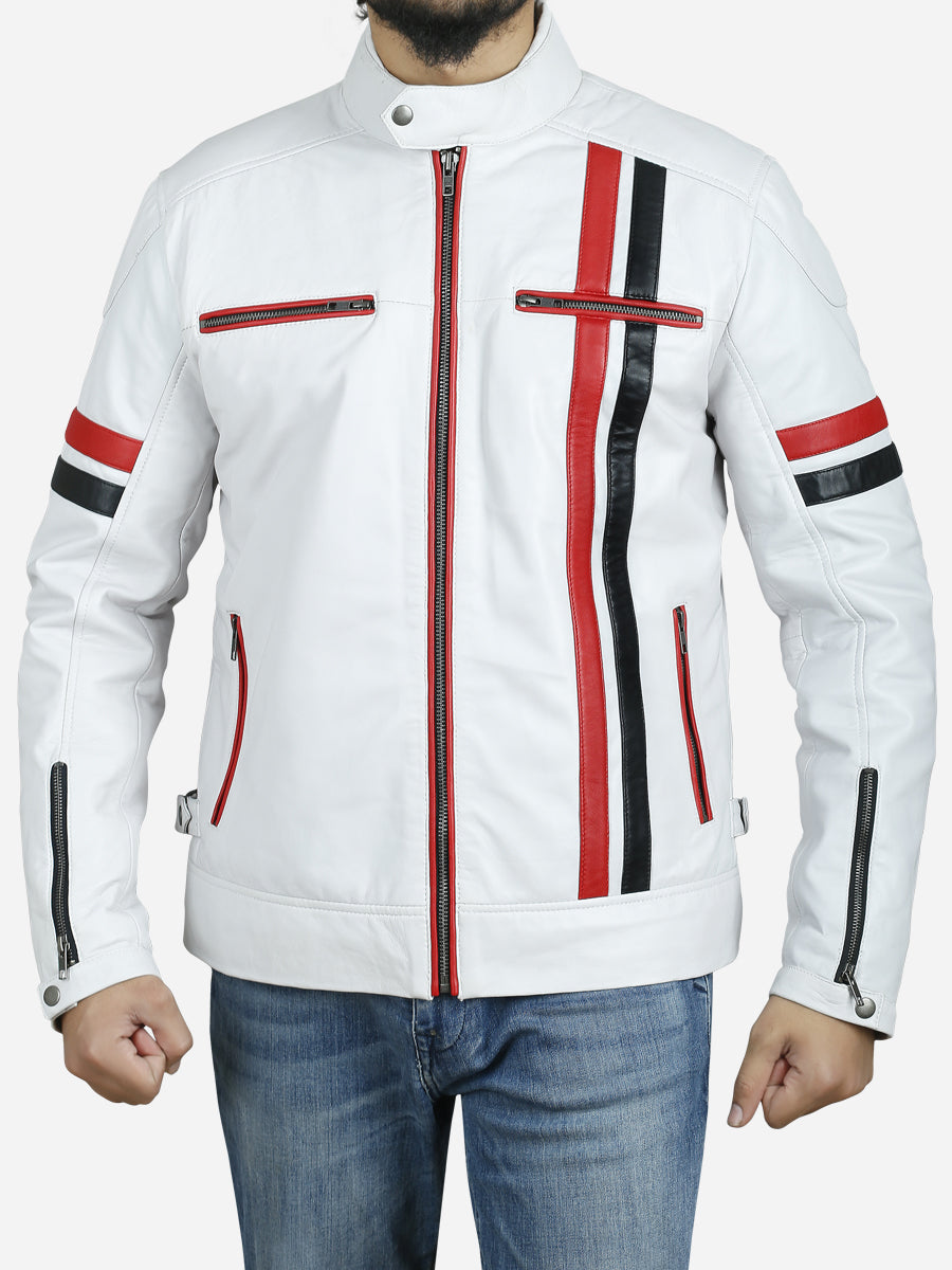 Weston Men's White Cafe Racer Jacket with Red and Black Stripes